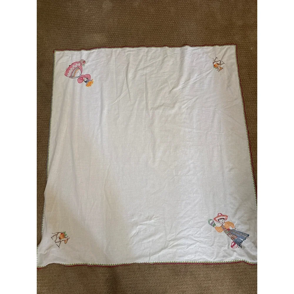 Vintage Hand Embroidered Mexican Folk Art Square Tablecloth Crocheted Edge 4ft